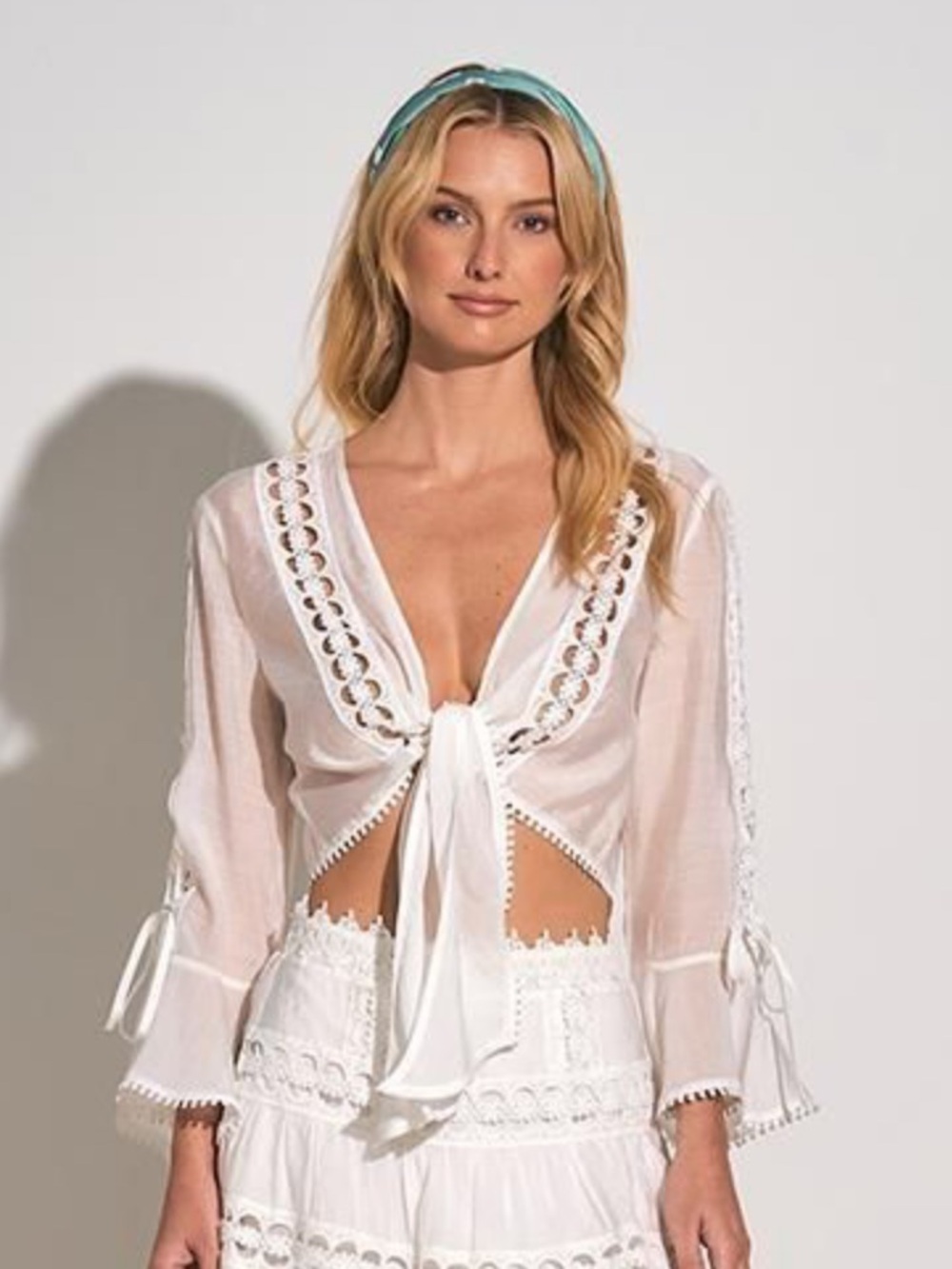 White Boho Tie-Front Crochet Trim Top